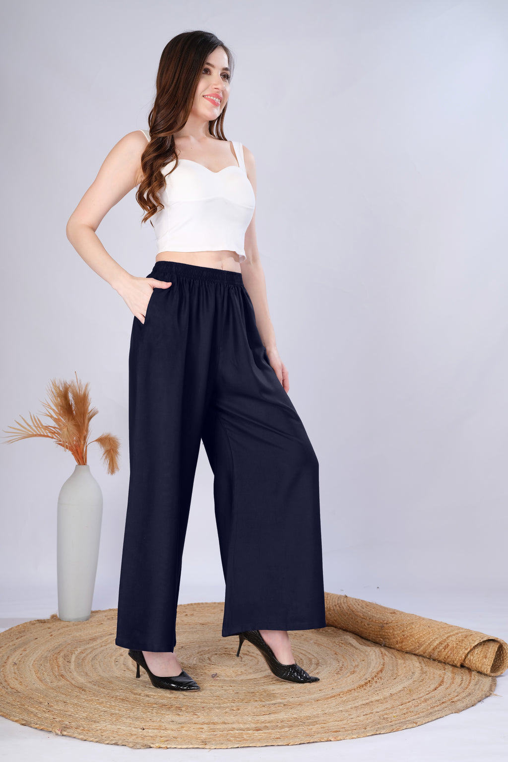 Flared Navy Blue Palazzo Pants With Pocket