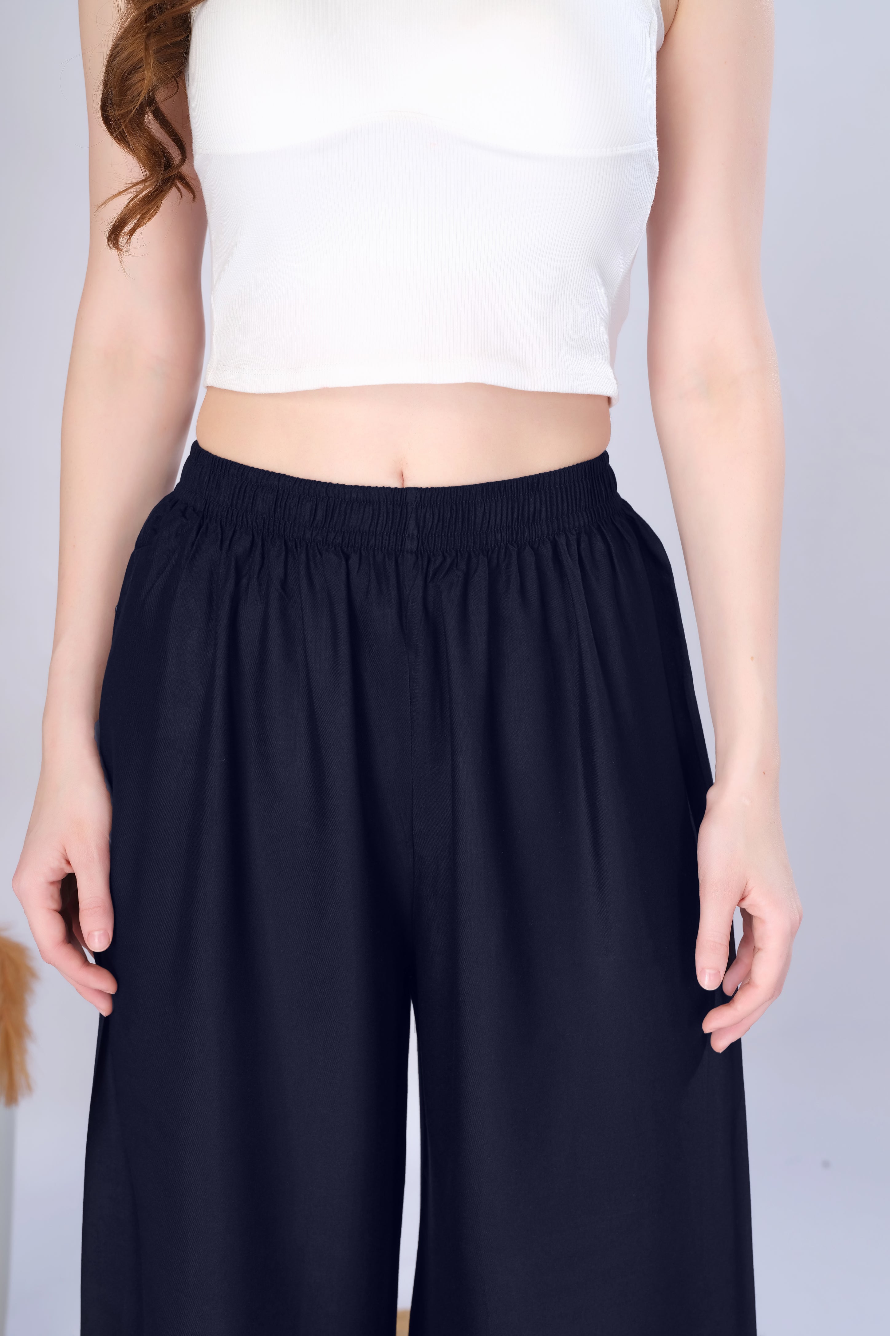 Flared Navy Blue Palazzo Pants With Pocket