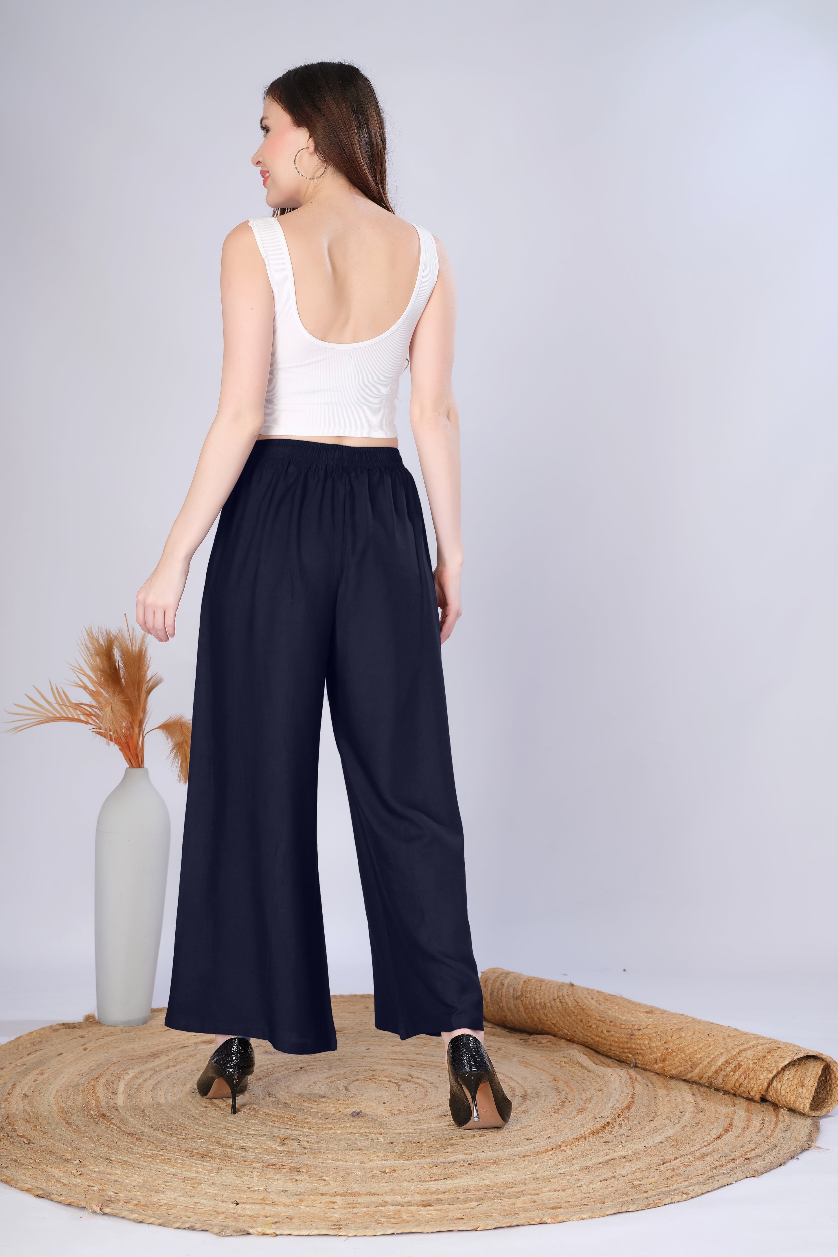 Flared Navy Blue Palazzo Pants With Pocket