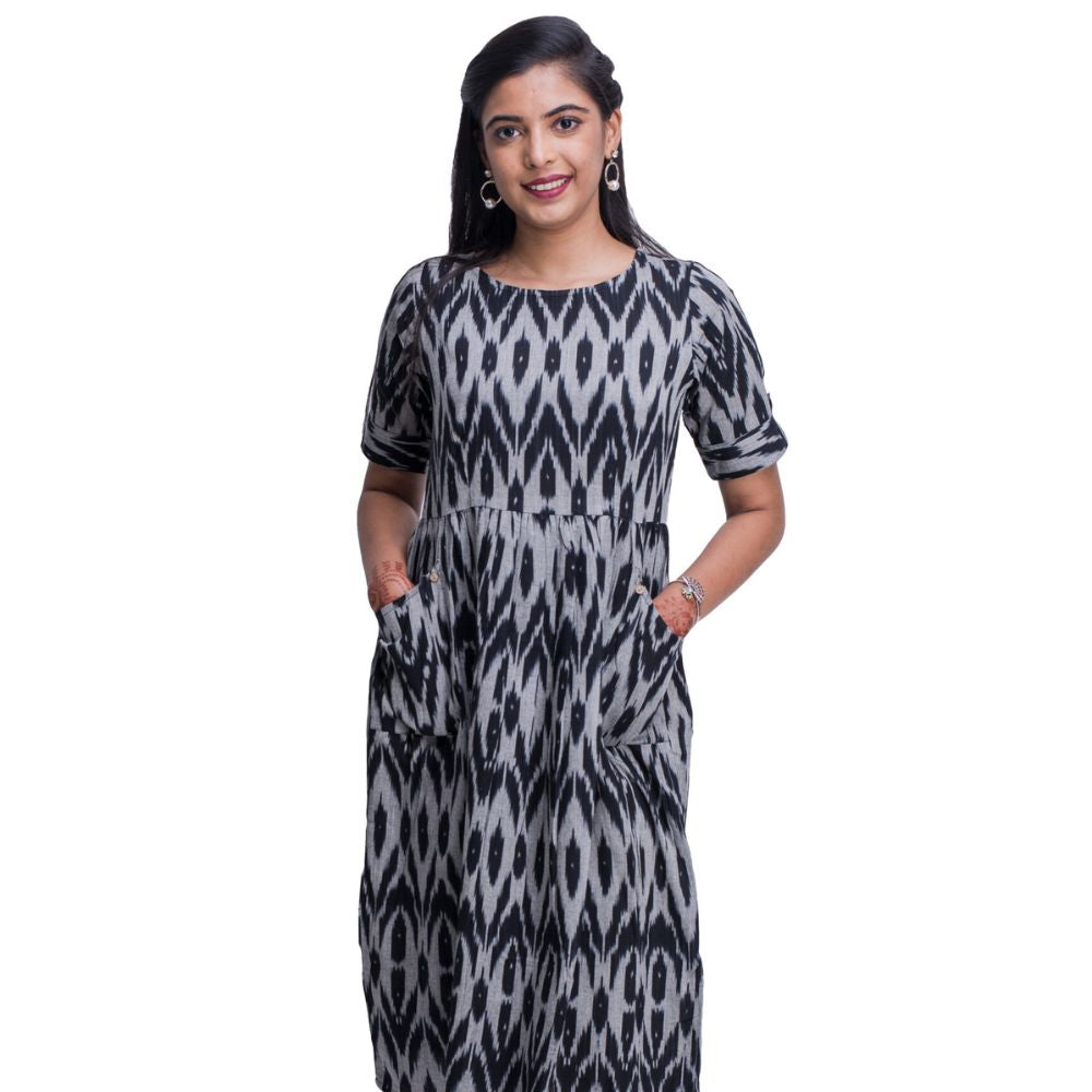 Black And Grey Ikat Frock Style Kurti With Pockets