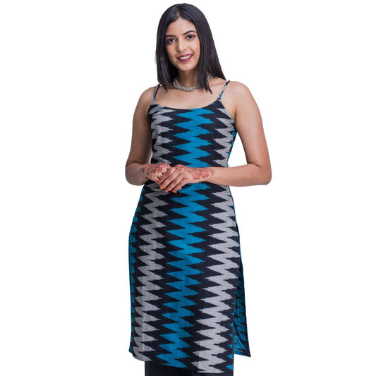 Buy Black and Blue Ikat Noodle Strap Kurti | Vivika Fashion