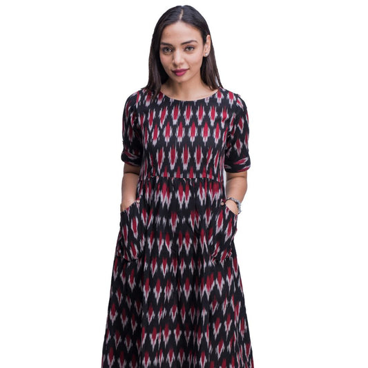 Black and Maroon Ikat Frock Style Kurti with pockets