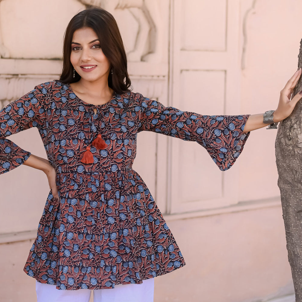 Black & Rust Floral Print Peplum Top