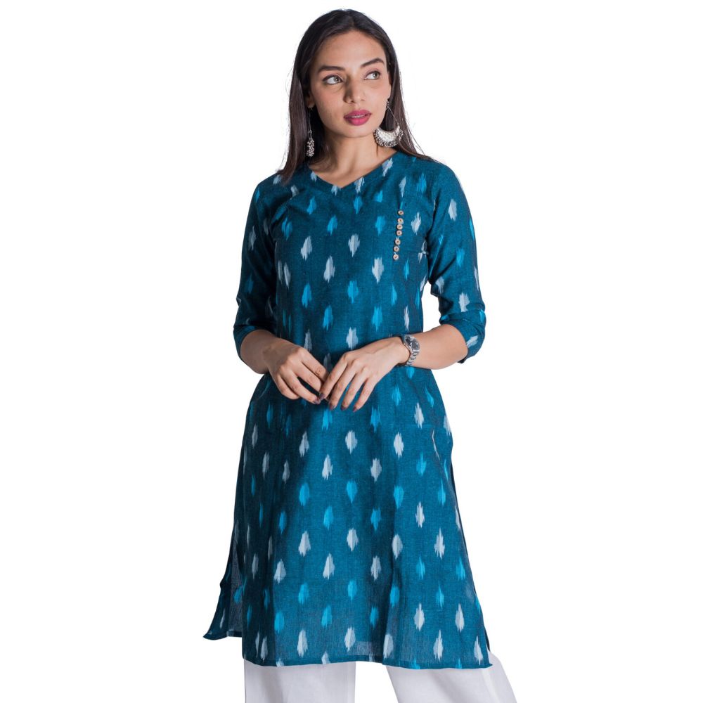 Blue Ikat V Neck Overlap Kurti with Pocket