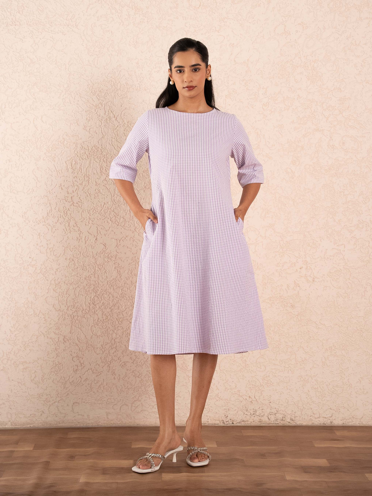Lavender Gingham Check Elbow Sleeve Cotton Dress