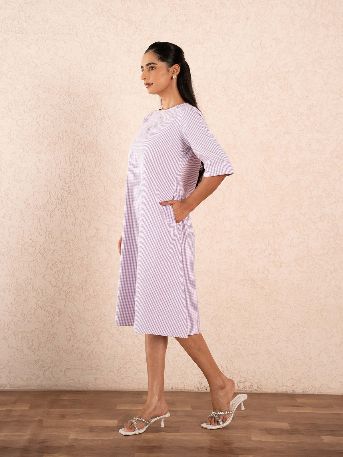 Lavender Gingham Check Elbow Sleeve Cotton Dress