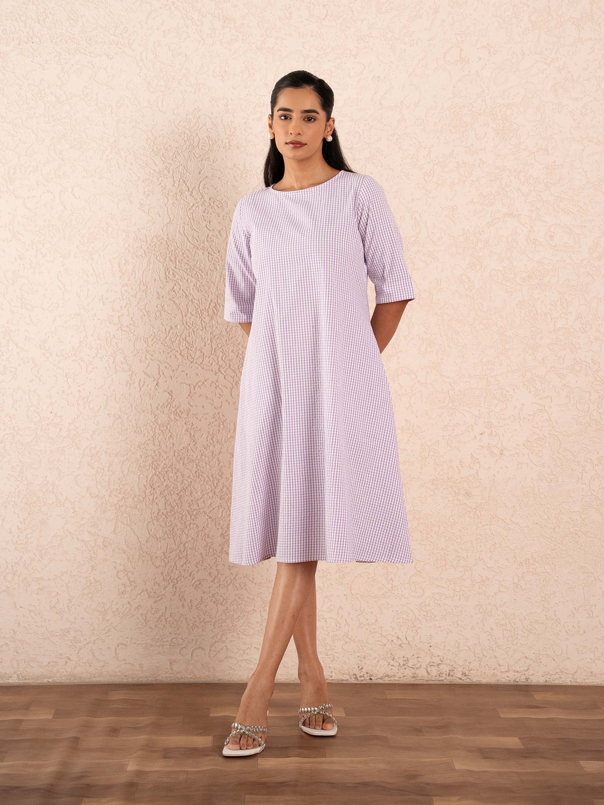 Lavender Gingham Check Elbow Sleeve Cotton Dress