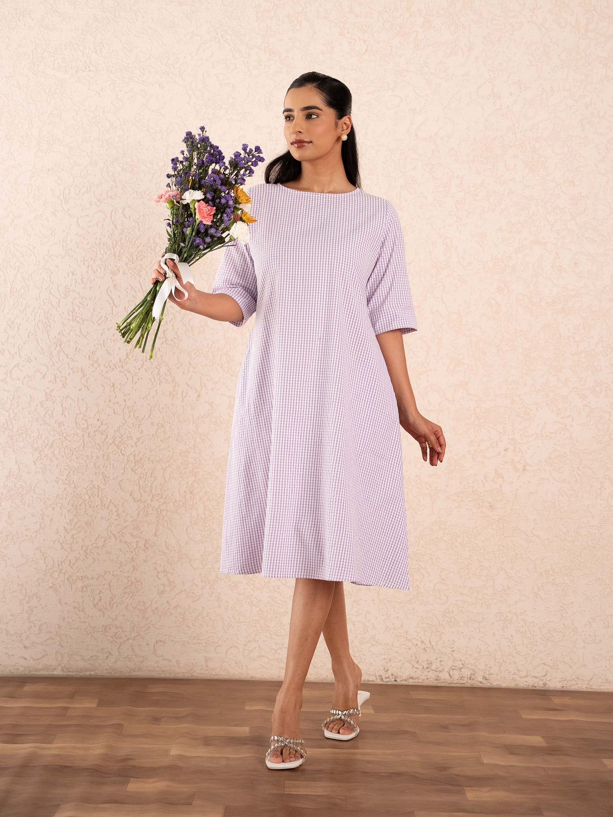 Lavender Gingham Check Elbow Sleeve Cotton Dress