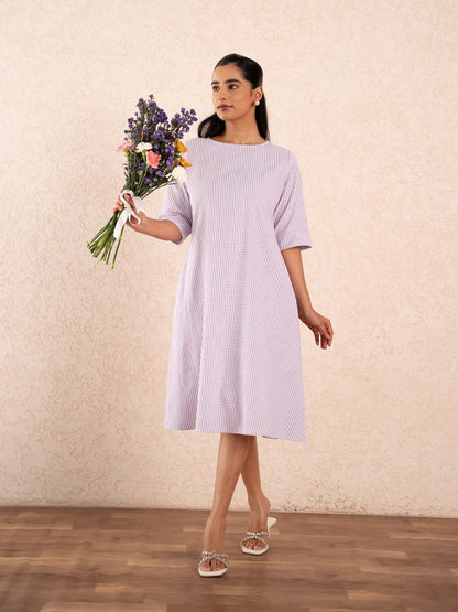 Lavender Gingham Check Elbow Sleeve Cotton Dress