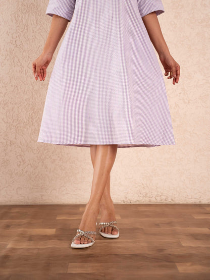 Lavender Gingham Check Elbow Sleeve Cotton Dress