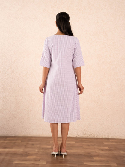 Lavender Gingham Check Elbow Sleeve Cotton Dress