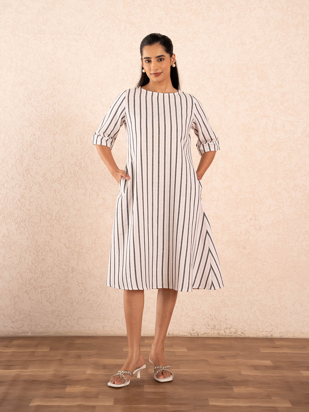 White & Black Striped Half Sleeve Cotton Dress