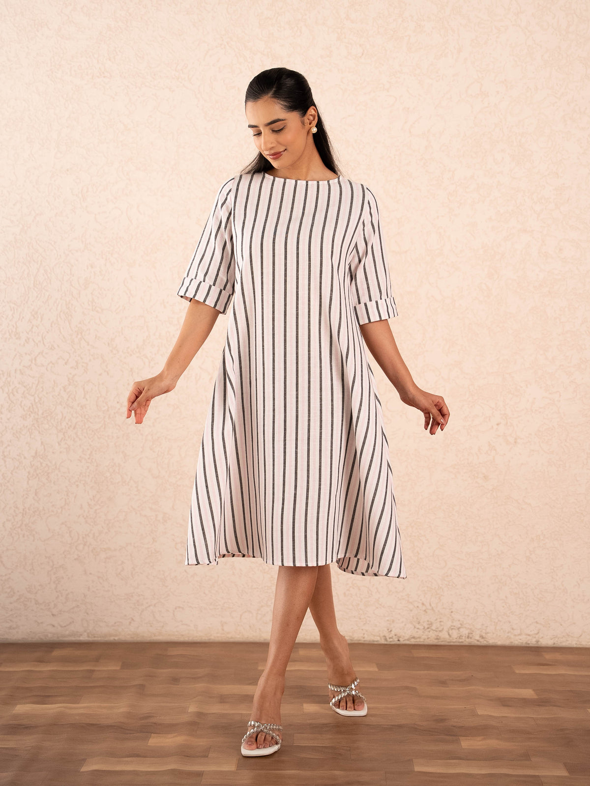 White & Black Striped Half Sleeve Cotton Dress