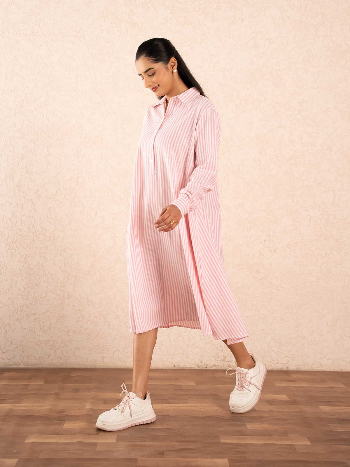 Pink & white Striped Full Sleeves Cotton Shirt Dress