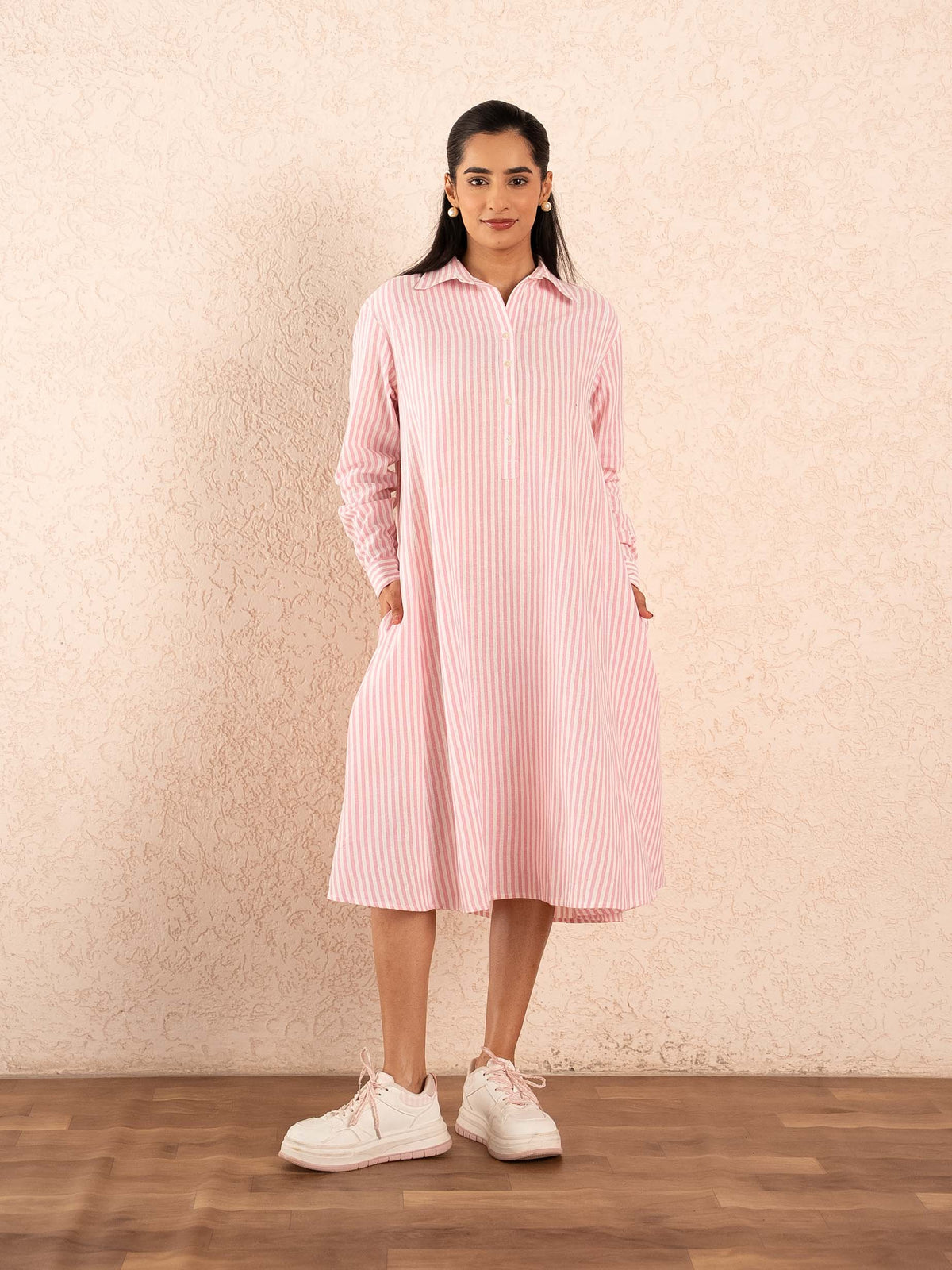 Pink & white Striped Full Sleeves Cotton Shirt Dress