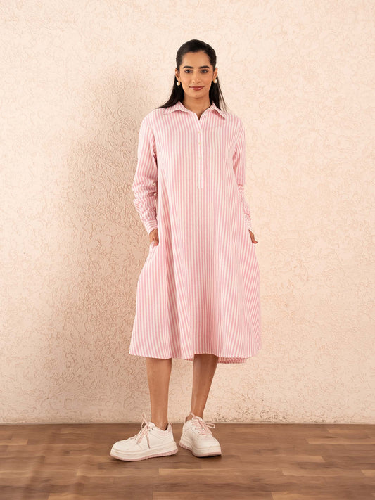 Pink & white Striped Full Sleeves Cotton Shirt Dress