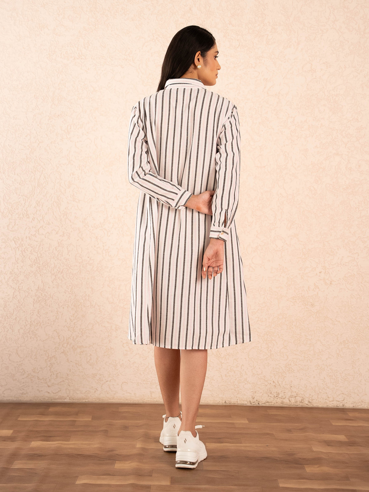 White, Baby Pink & Black Striped Full Sleeve Cotton Shirt Dress