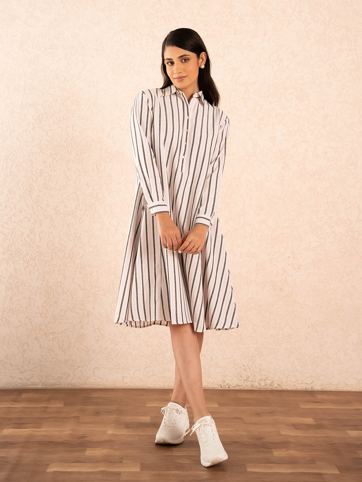 White, Baby Pink & Black Striped Full Sleeve Cotton Shirt Dress