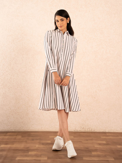 White, Baby Pink & Black Striped Full Sleeve Cotton Shirt Dress