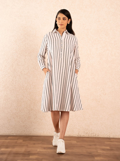 White, Baby Pink & Black Striped Full Sleeve Cotton Shirt Dress
