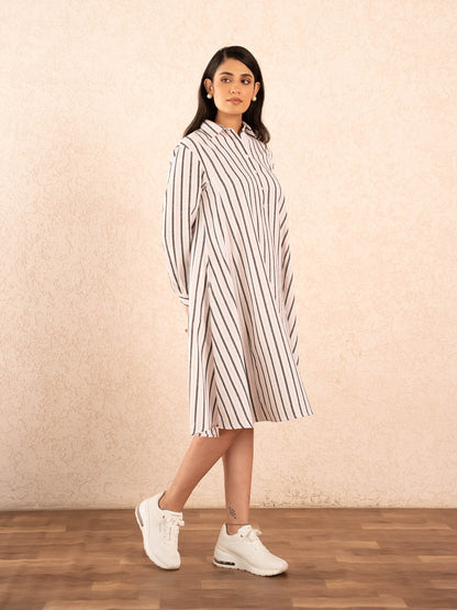 White, Baby Pink & Black Striped Full Sleeve Cotton Shirt Dress