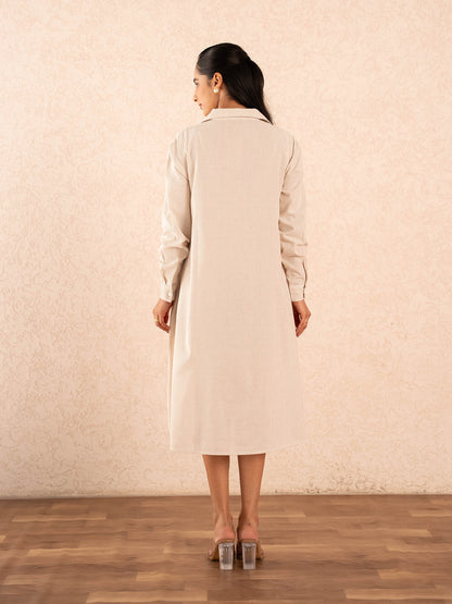 Beige Striped Full Sleeve Cotton Shirt Dress
