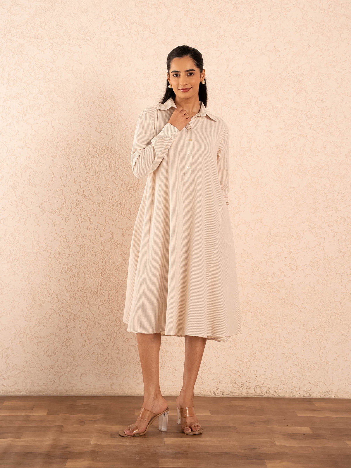 Beige Striped Full Sleeve Cotton Shirt Dress