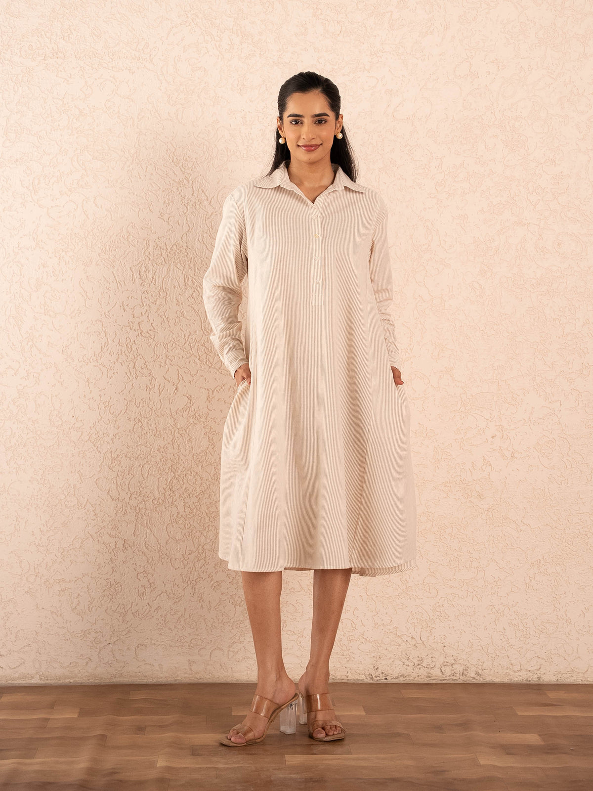 Beige Striped Full Sleeve Cotton Shirt Dress