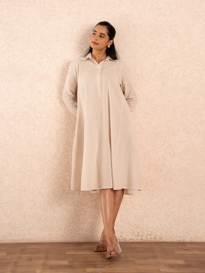Beige Striped Full Sleeve Cotton Shirt Dress
