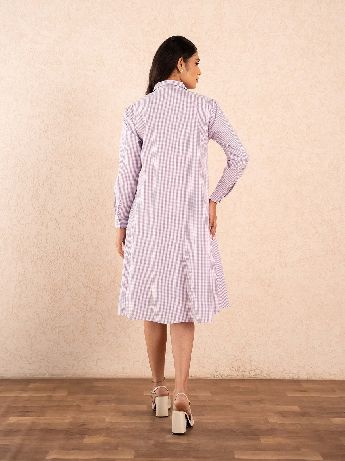 Lavender Gingham Check Full Sleeve Cotton Shirt Dress