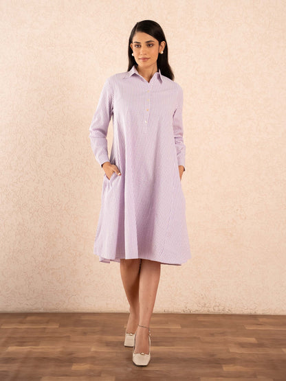 Lavender Gingham Check Full Sleeve Cotton Shirt Dress