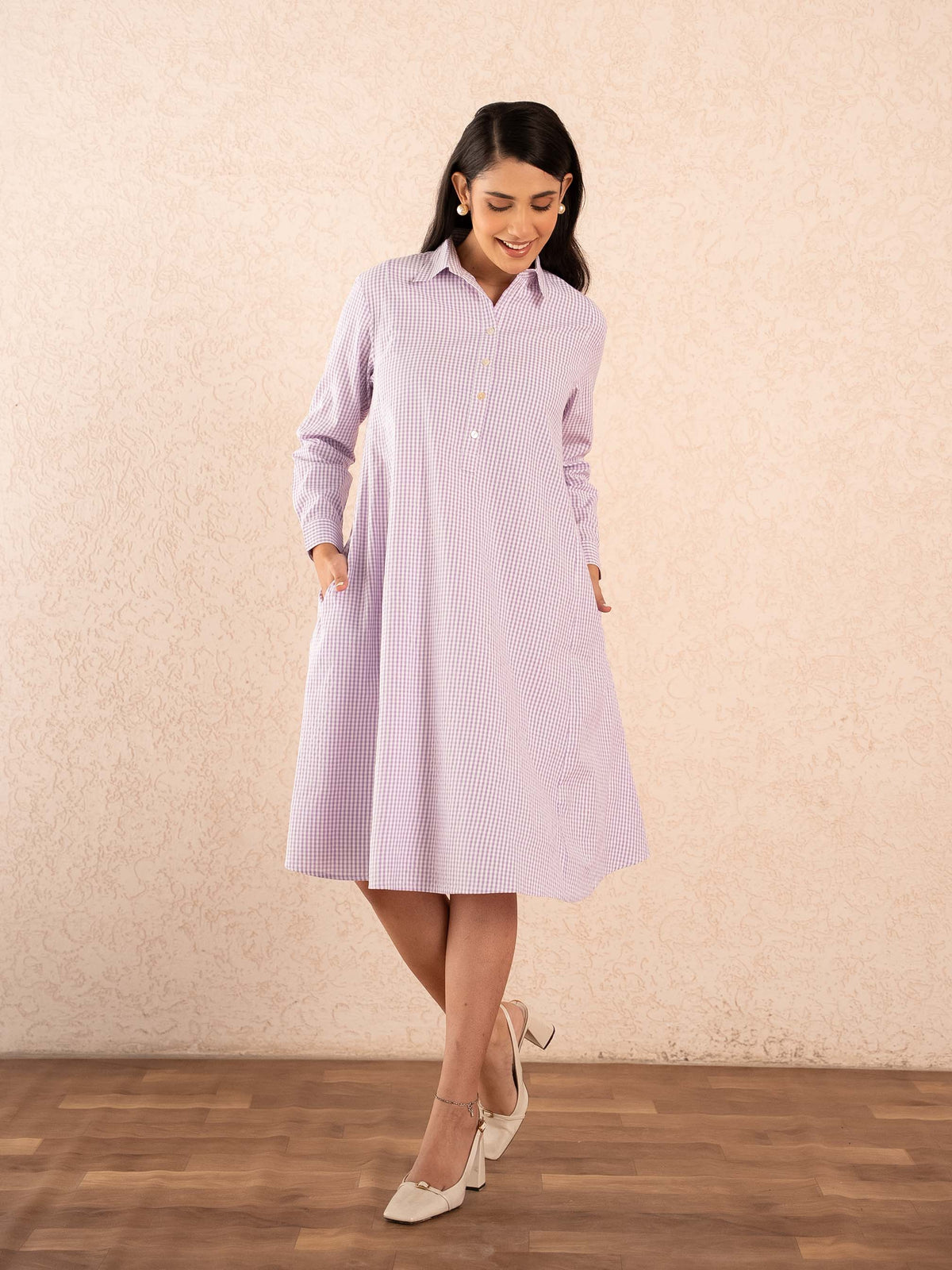 Lavender Gingham Check Full Sleeve Cotton Shirt Dress