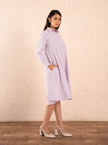 Lavender Gingham Check Full Sleeve Cotton Shirt Dress