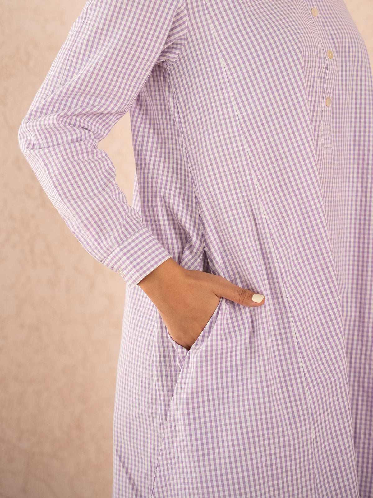 Lavender Gingham Check Full Sleeve Cotton Shirt Dress
