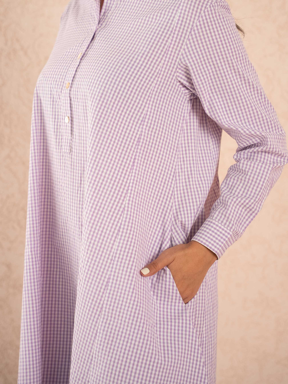 Lavender Gingham Check Full Sleeve Cotton Shirt Dress