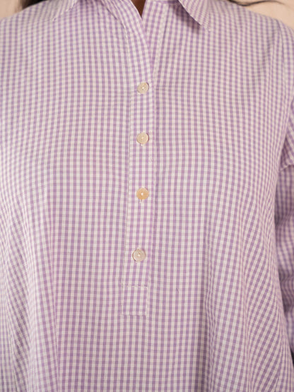 Lavender Gingham Check Full Sleeve Cotton Shirt Dress
