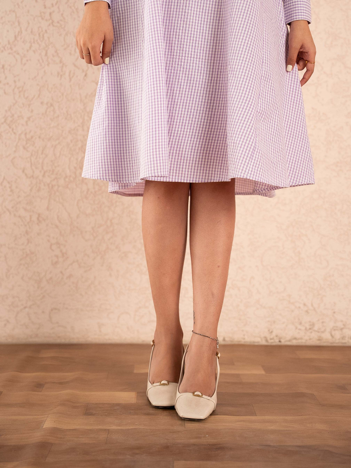 Lavender Gingham Check Full Sleeve Cotton Shirt Dress