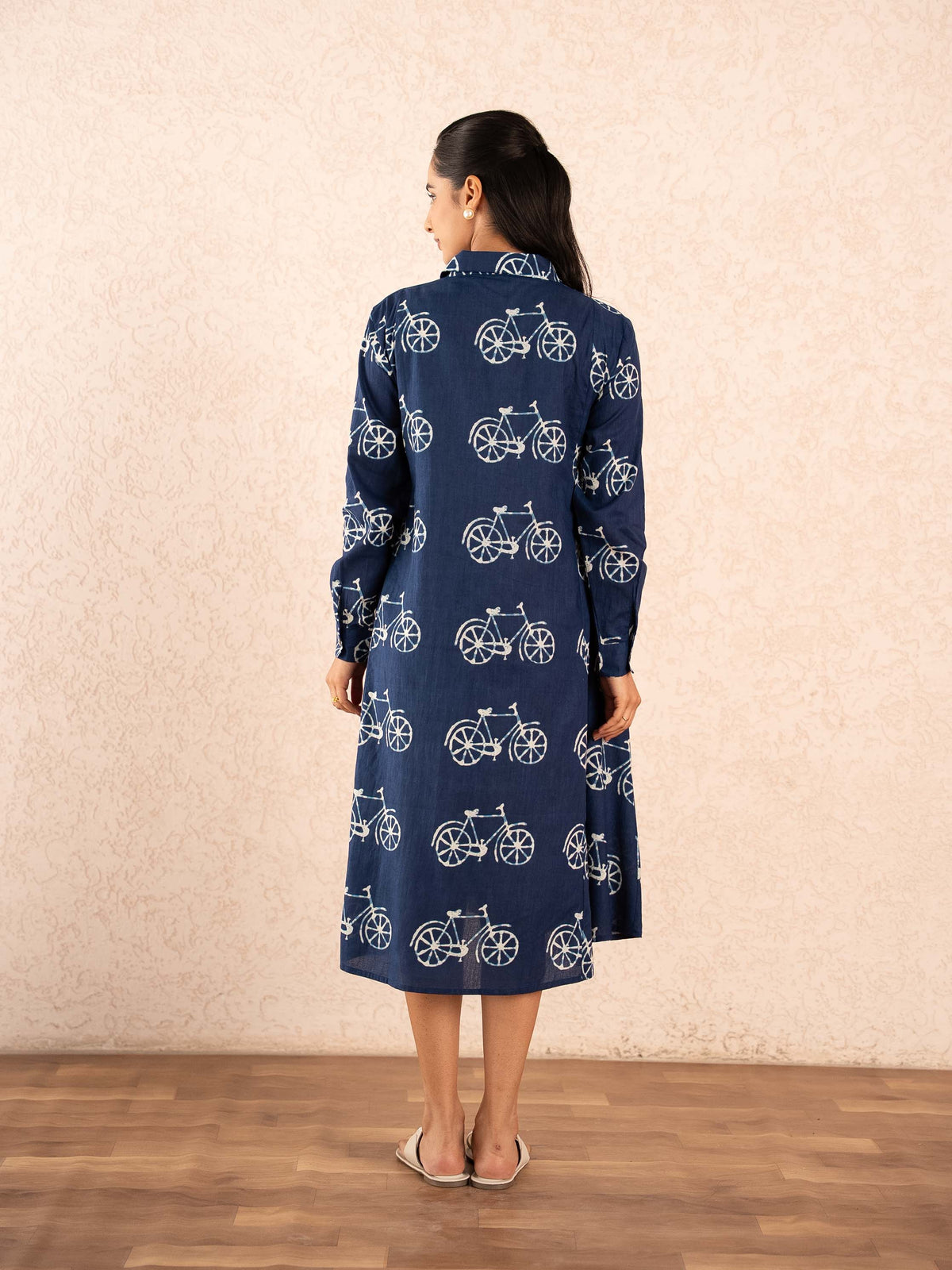 Navy Blue Bicycle Print Full Sleeve Cotton Shirt Dress