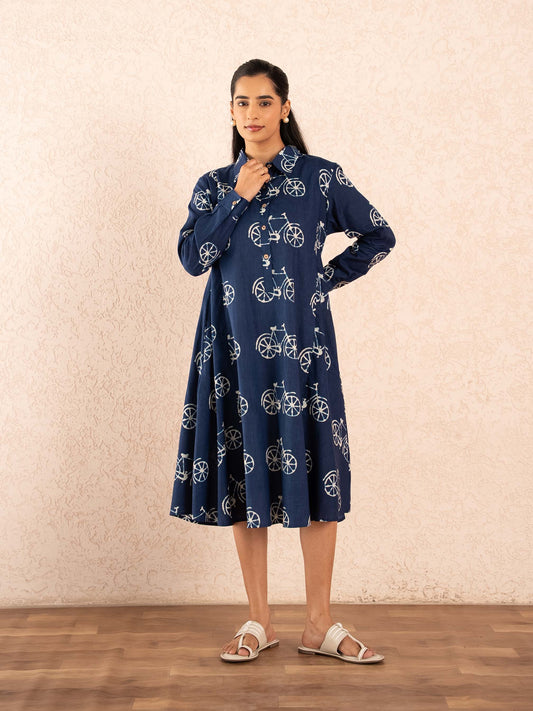 Navy Blue Bicycle Print Full Sleeve Cotton Shirt Dress