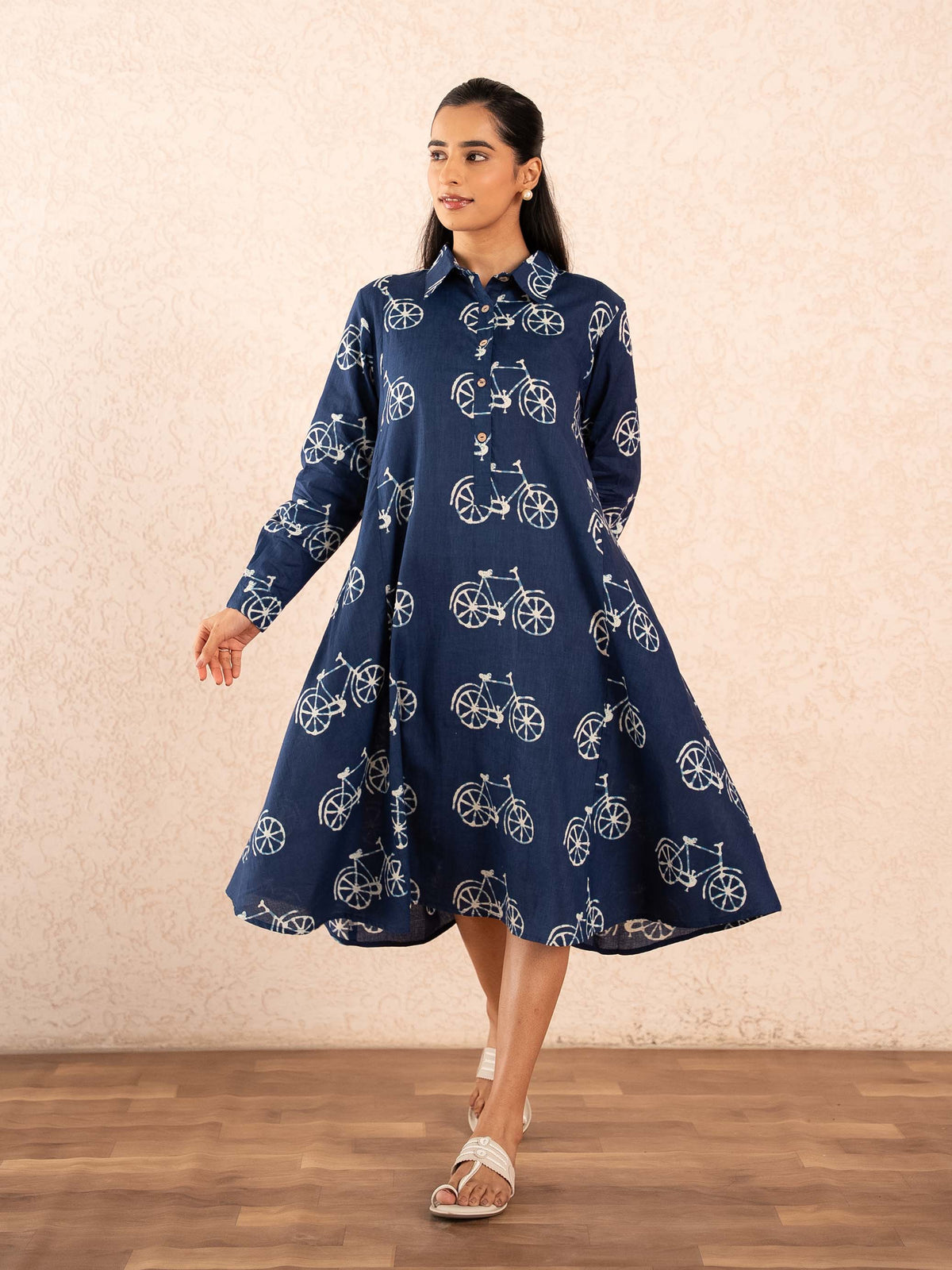 Navy Blue Bicycle Print Full Sleeve Cotton Shirt Dress