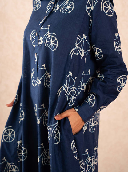 Navy Blue Bicycle Print Full Sleeve Cotton Shirt Dress
