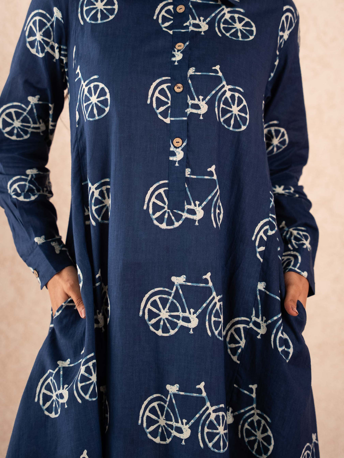 Navy Blue Bicycle Print Full Sleeve Cotton Shirt Dress