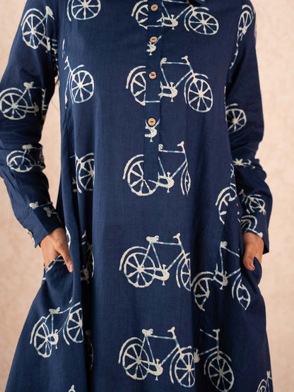 Navy Blue Bicycle Print Full Sleeve Cotton Shirt Dress