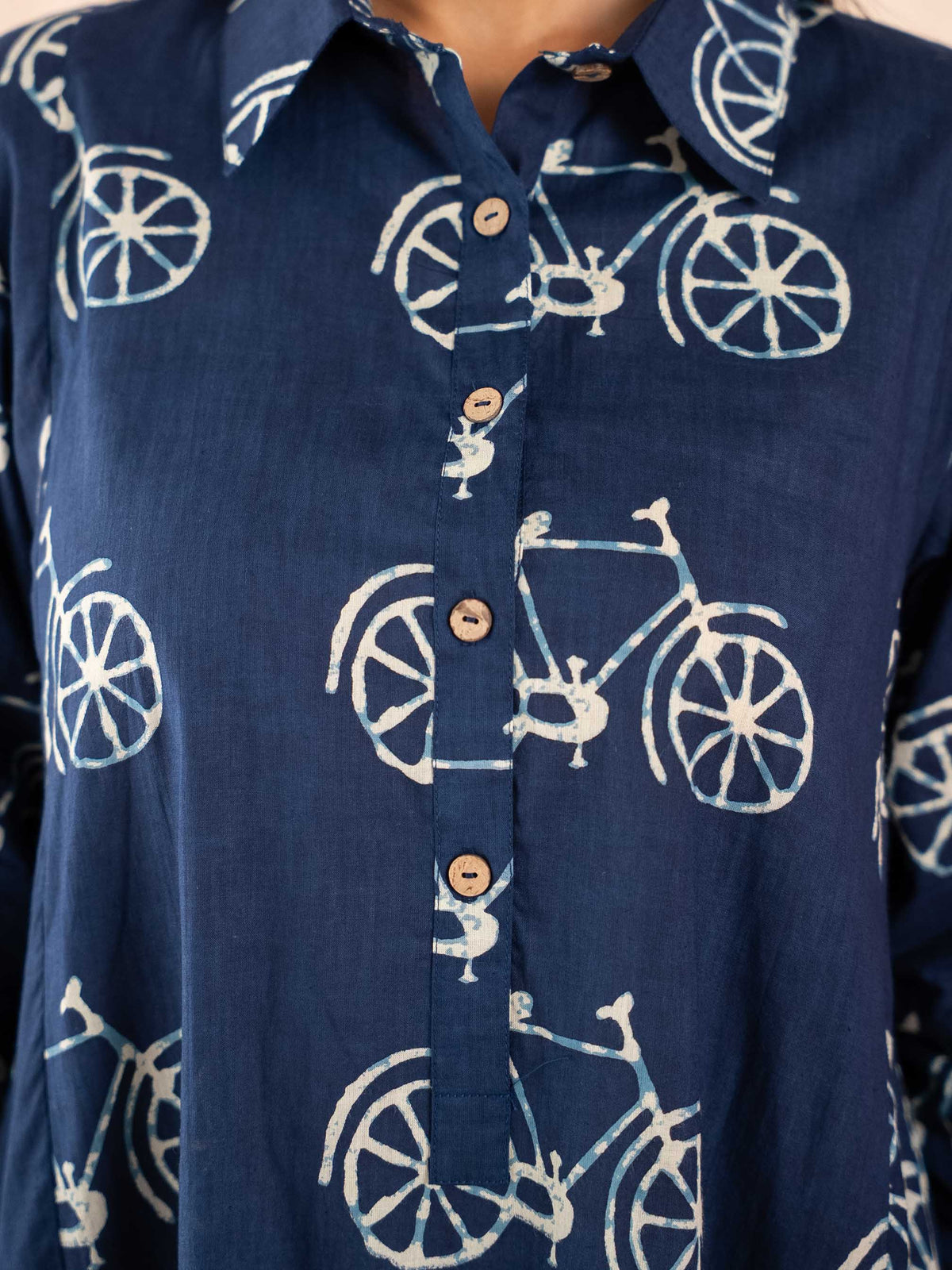 Navy Blue Bicycle Print Full Sleeve Cotton Shirt Dress