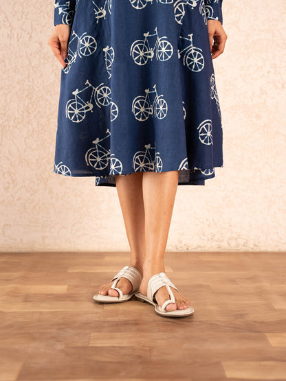 Navy Blue Bicycle Print Full Sleeve Cotton Shirt Dress