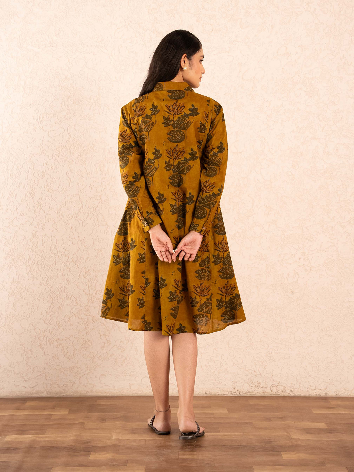 Mustard Floral Print Full Sleeve Cotton Shirt Dress