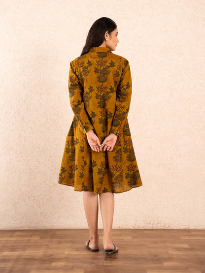 Mustard Floral Print Full Sleeve Cotton Shirt Dress