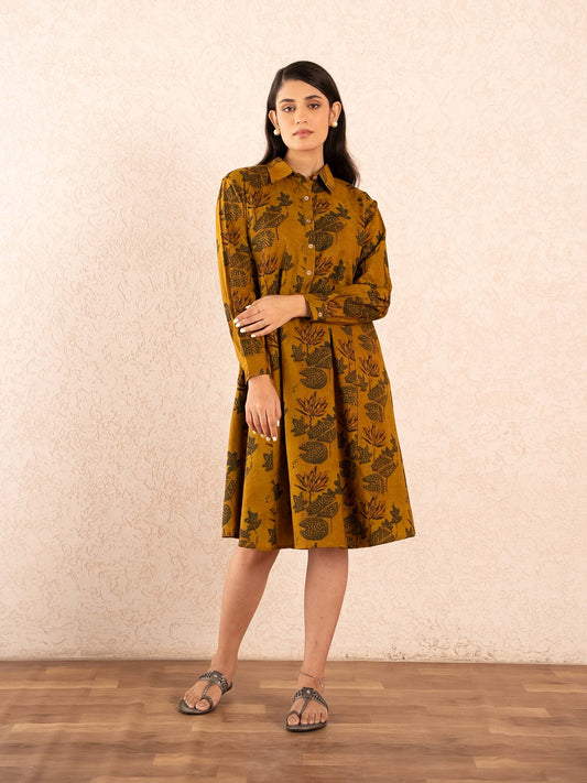 Mustard Floral Print Full Sleeve Cotton Shirt Dress