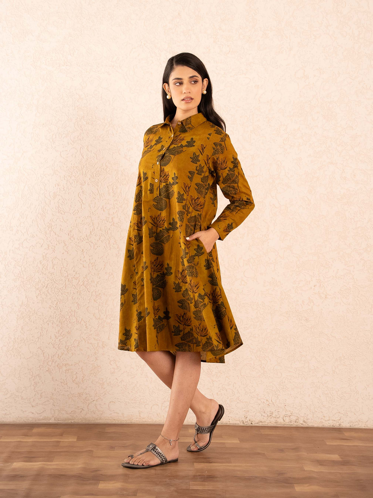 Mustard Floral Print Full Sleeve Cotton Shirt Dress