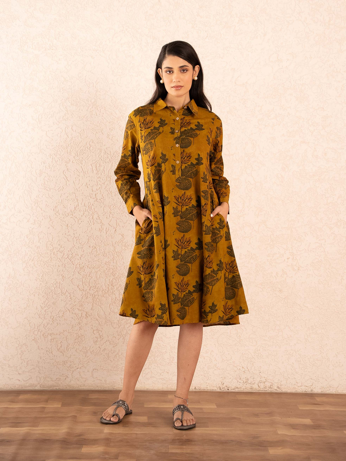 Mustard Floral Print Full Sleeve Cotton Shirt Dress